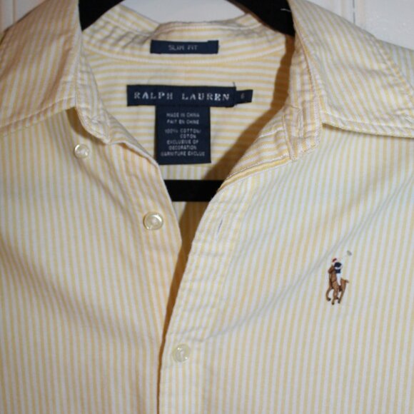 Ralph Lauren Womens Oxford Slim Fit Size 6 Yellow White Striped - Picture 2 of 3